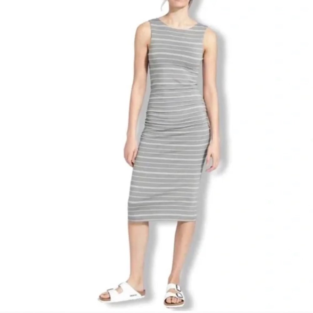 Athleta Women Small Gray and White Striped Midi Dress